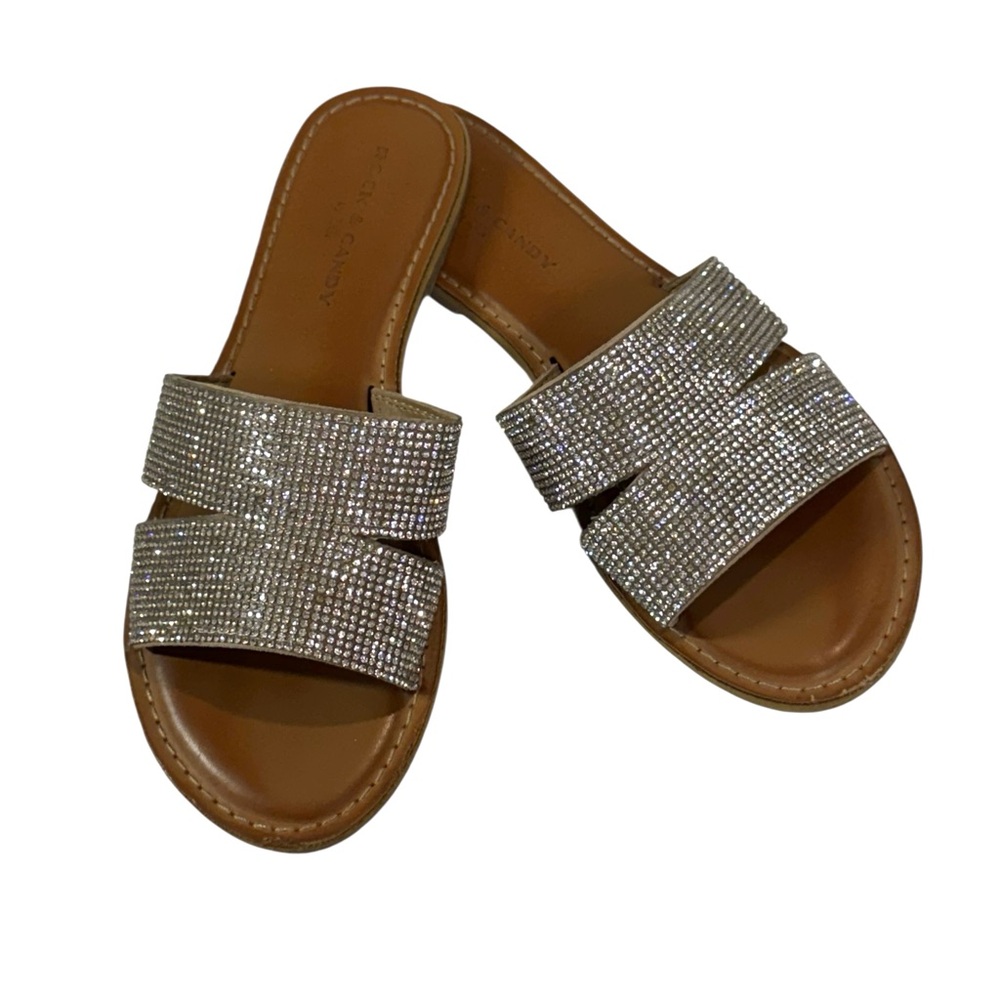 Rock and Candy Berrie Rhinestone Double‎ Band Sandals Womens Sz 7 Slides Bling